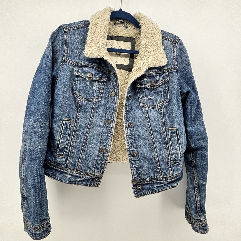 Abercrombie & Fitch A&F Sherpa Lined Jean Denim Jacket Sz L PreppyGrunge